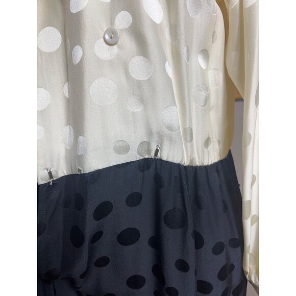 Liz Claiborne Silk Dress 80s Blouson Shirt Dress Midi Black Ivory Womens Sz 4-6 - Picture 9 of 10